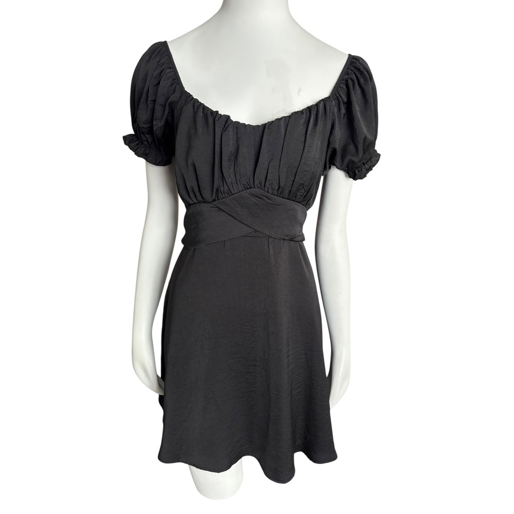 Black Mini Dress Square Neck‎ Puff Sleeve Tie Back Party Cocktail Size Large
